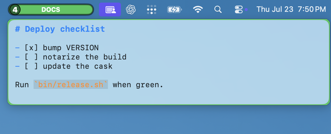 The floating Space Notes panel below the menu bar, showing a Markdown deploy checklist with checked and unchecked items