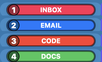 Four SpacePill pills stacked: a crimson Inbox, a blue Email, a red Code, and a green Docs, each with its Space number in a dark circle