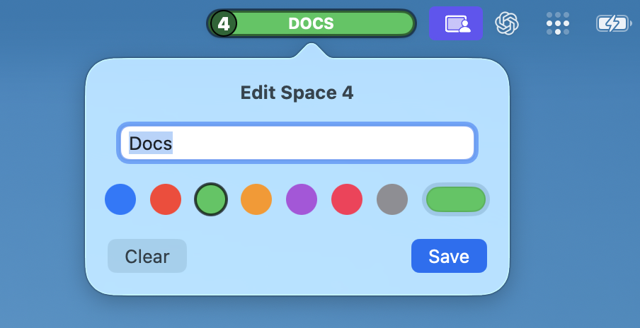 The Quick Edit popover under the pill: a text field reading 'Docs', a row of eight colour swatches with green selected, and Clear and Save buttons