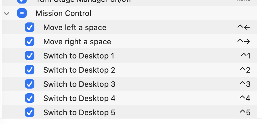 The Mission Control section of macOS Keyboard Shortcuts, with Move left/right a space and Switch to Desktop 1 through 5 all ticked, bound to Control plus the desktop number